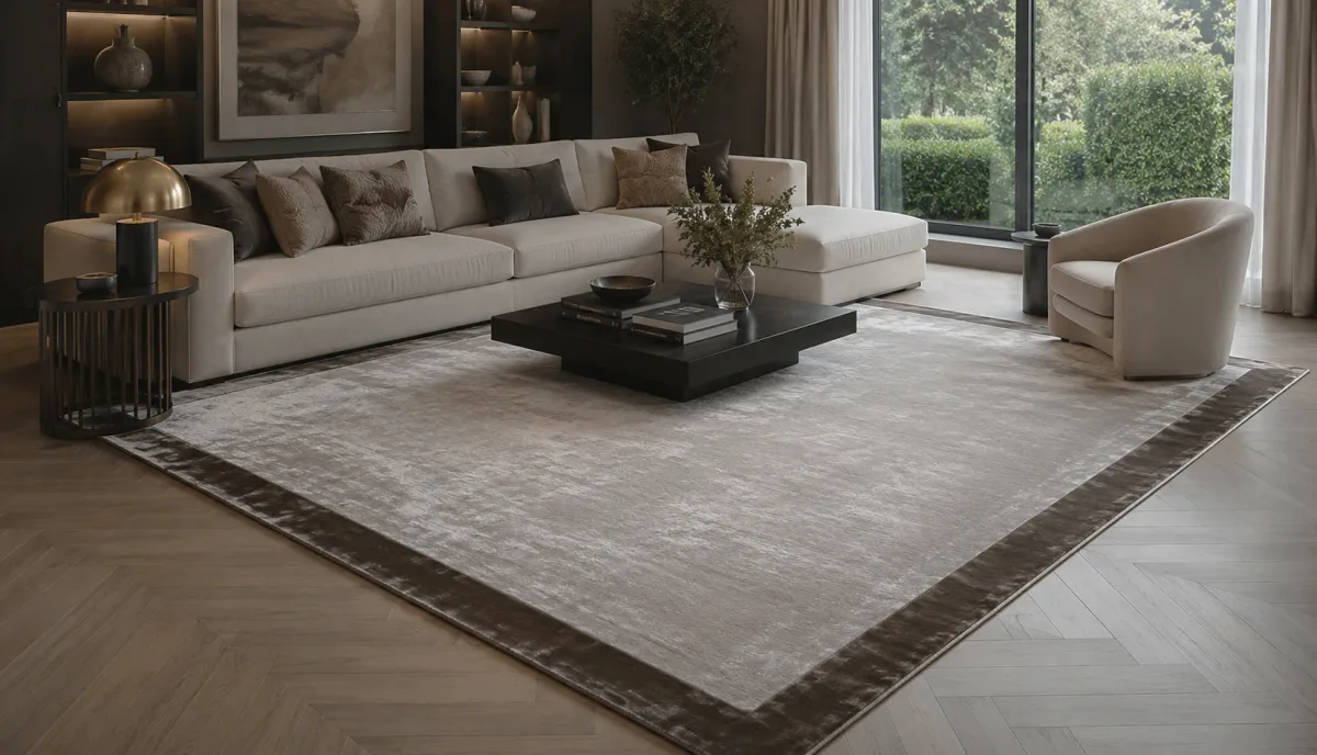 Light Platinum Grey Art Silk Rug with Black Brown Border