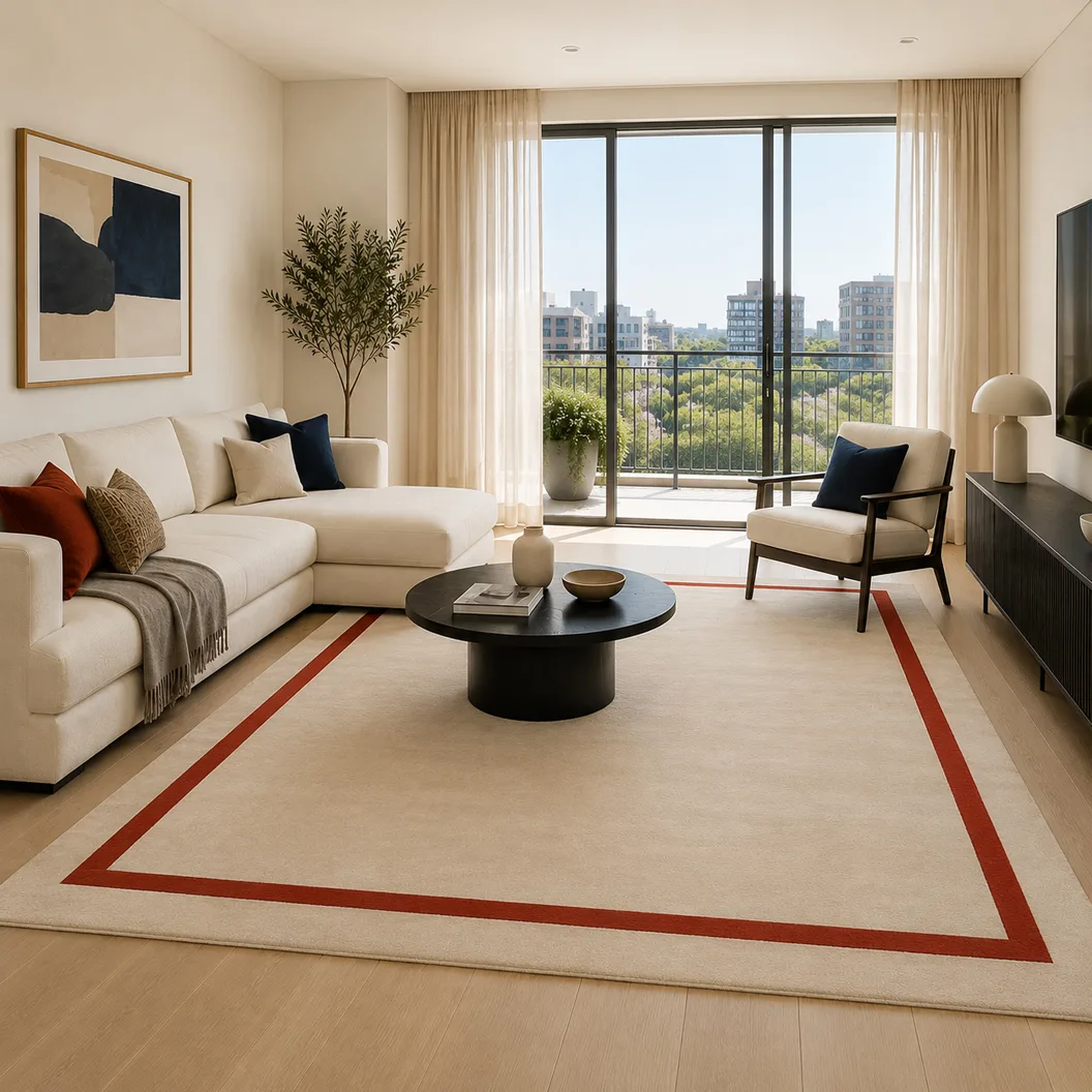 Cream Wool Rug with Traffic Red Art Silk Inset Border - Rug Roomset Collection Cream Wool Rug with Traffic Red Art Silk Inset Border - Rug Roomset Collection