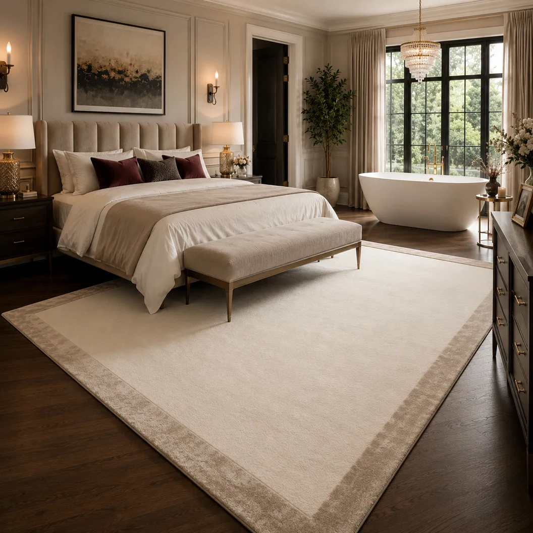 Cream Wool Rug with Beige Art Silk Border - Rug Roomset Collection Cream Wool Rug with Beige Art Silk Border - Rug Roomset Collection