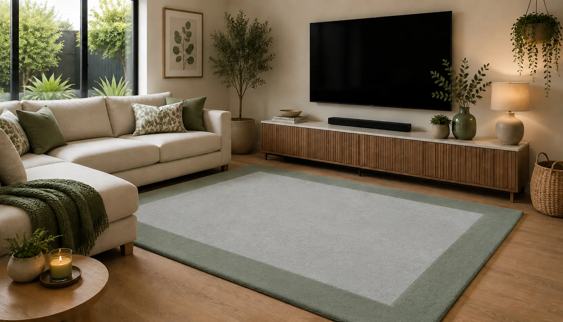 Blue Green White Wool Rug with Pastel Blue Green Border