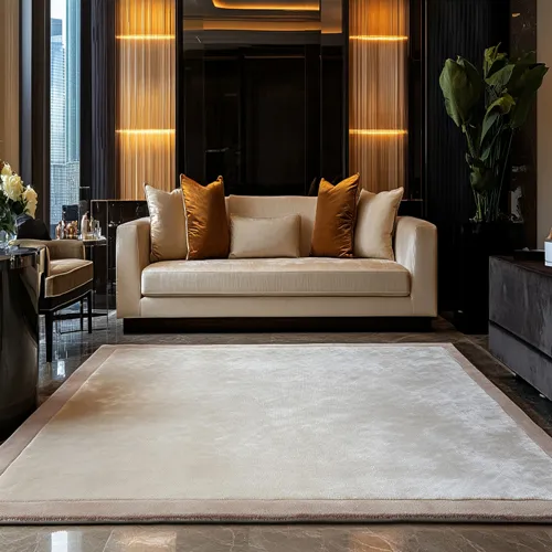 Cream Viscose Rug with Hint Of Grey Brown Wool Border