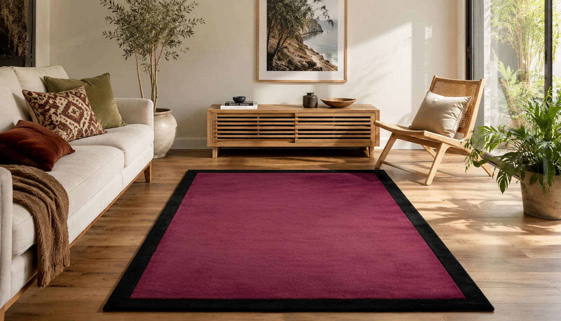 Raspberry Wool Rug with Jet Black Border