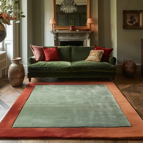 Pastel Turquoise Green Wool Rug with Tomato Red Border