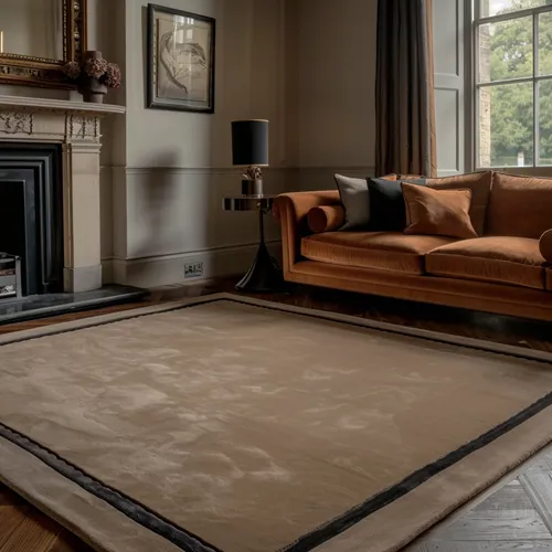 Mid Mouse Brown Wool Rug with Wool & Viscose Borders