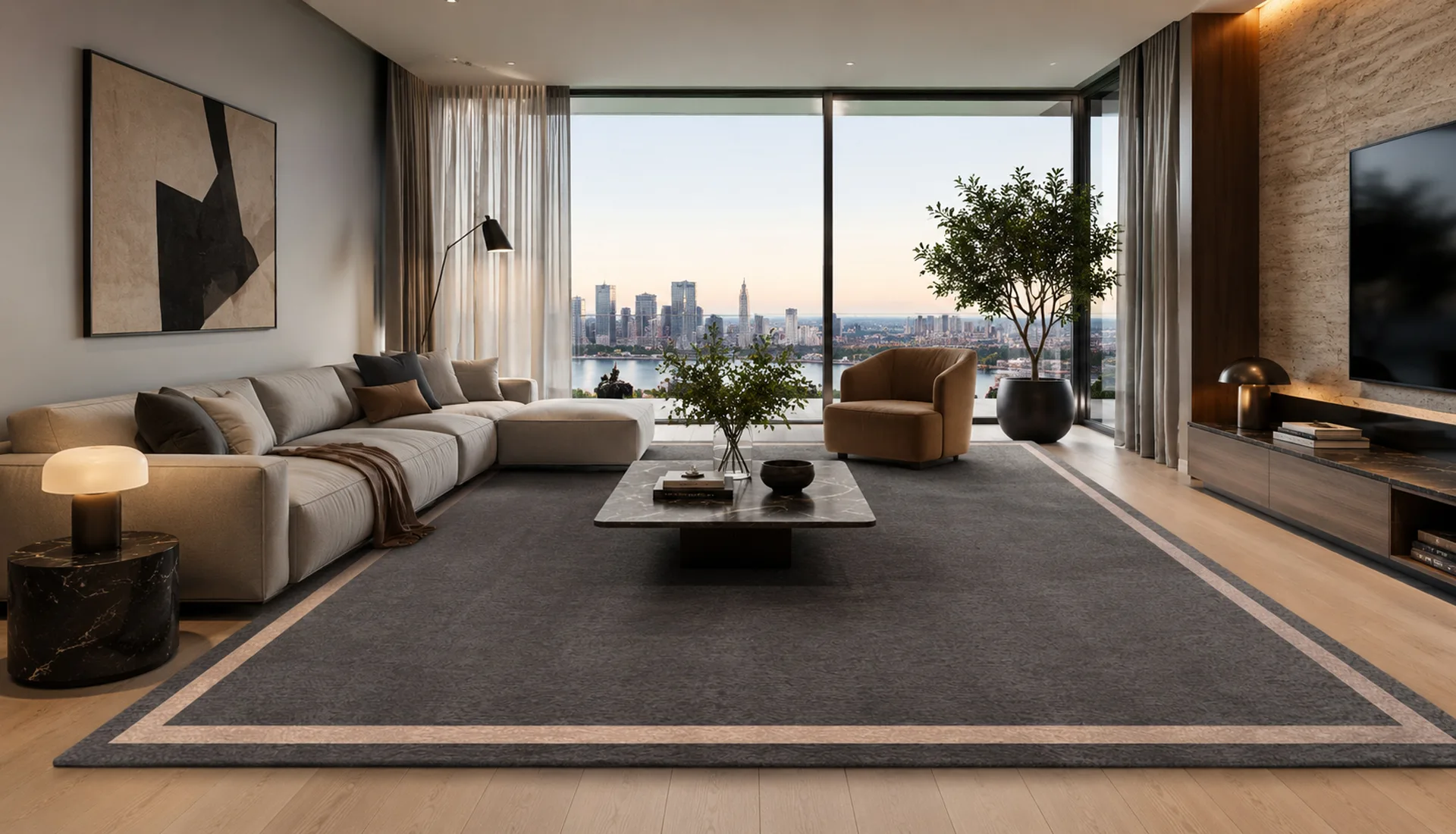 Slate Grey Wool Rug with Hint Of Salmon Inset Border
