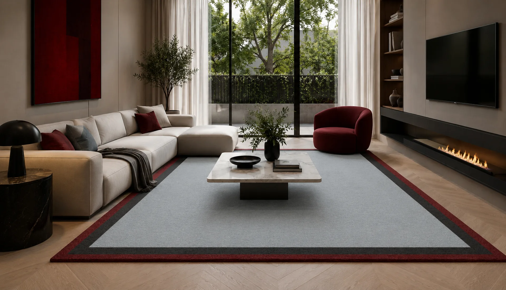 Washed Denim Wool Rug with Wool & Art Silk Borders