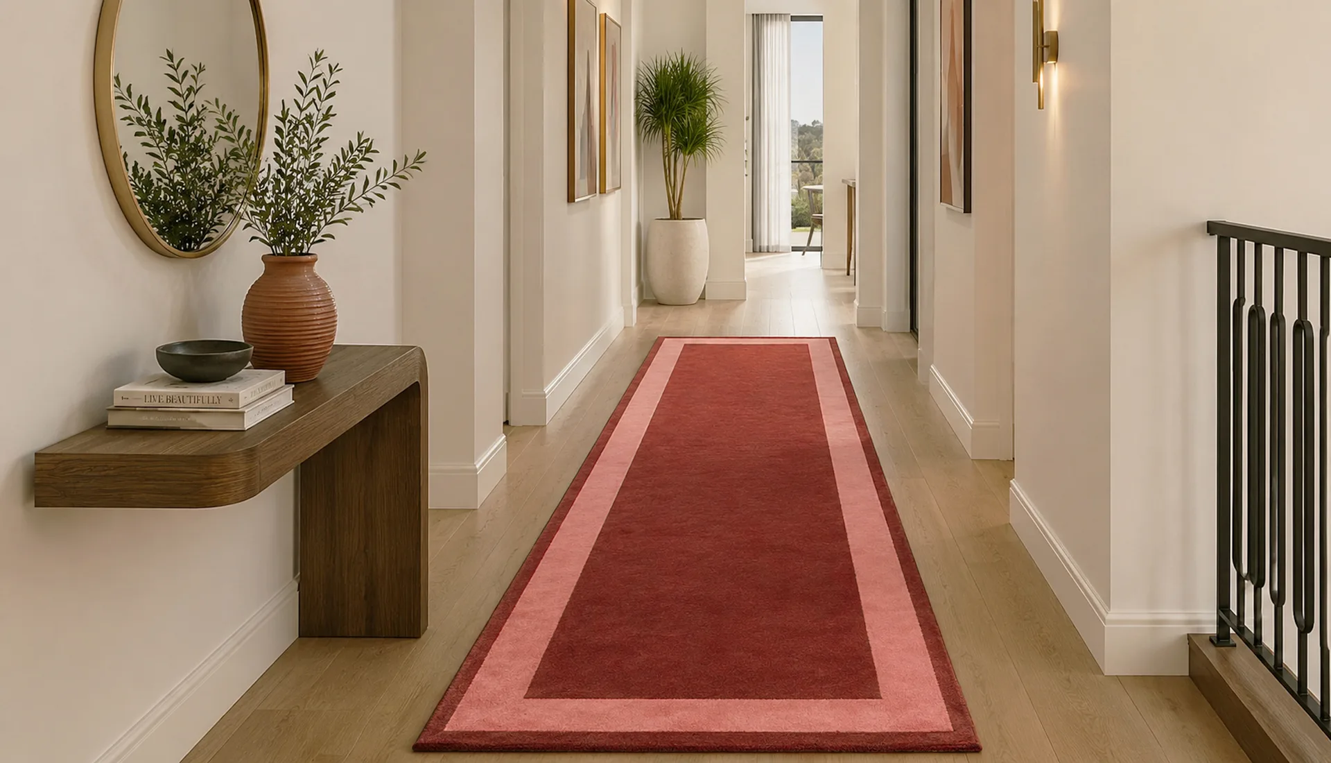 Traffic Red Wool Runner with Coral Pink Art Silk Inset Border