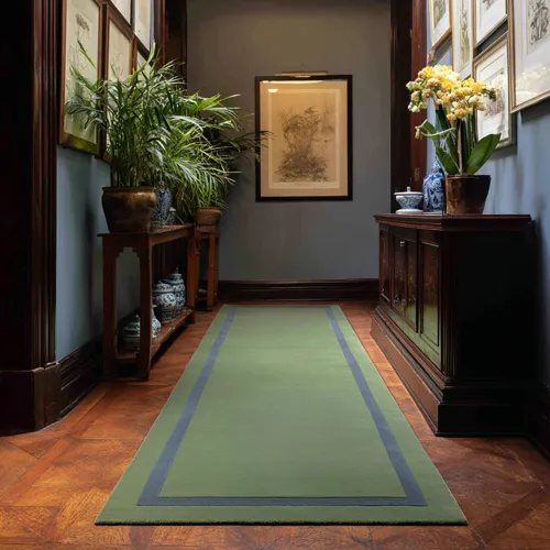 Pastel Turquoise Green Wool Runner with Ultramarine Pastel Blue Inset Border